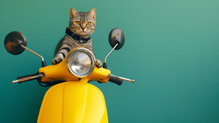 Playful domestic cat, joyfully riding vibrant yellow electric motorbike in a bright green studio setting, exuding a sense of freedom and excitement. Courier service. Delivering concept with copy spaceの素材