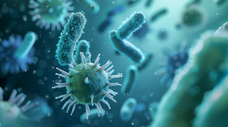 Close-up view of various bacteria and virus cells under a microscope in a scientific laboratory, showcasing the microscopic world of infectious diseases and microbiology research.の素材