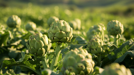 A large artichoke farm with rows of lush, vibrant green artichoke plants, bountiful harvest ready for picking on a sun-drenched summer day, agriculture and harvest concept.の素材