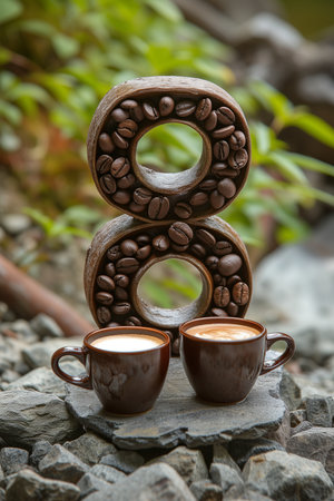 Creative international womens day celebration design featuring the number eight made from colorful coffee mugs, perfect for empowering and inspiring women.の素材