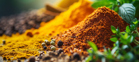 A captivating close-up of a variety of colorful spices and herbs, beautifully illuminated to highlight their vibrant colors and rich textures, perfect for culinary-themed concepts.の素材