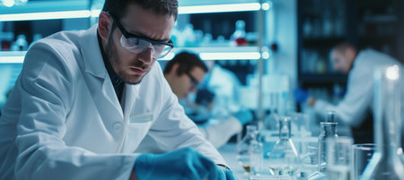 A group of diverse scientists in a modern medical laboratory, wearing lab coats and safety goggles, conducting experiments and research. The image features copy space for text or additional elements.の素材