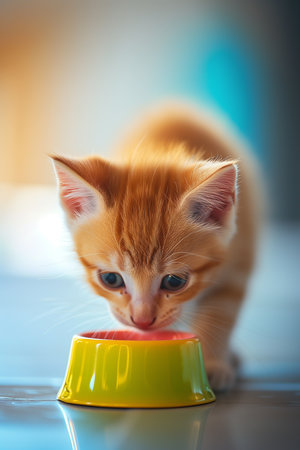 An adorable little ginger kitten with beautiful blue eyes is joyfully eating from a yellow feeding bowl, with its cute whiskers and tiny paws on display.の素材