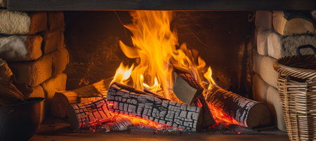A cozy rustic fireplace with burning firewood, creating a warm and inviting ambiance. The crackling flames and the hearth's glow provide a comfortable and welcoming atmosphere.の素材