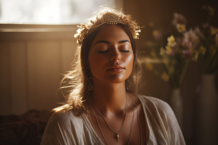 A young woman with a serene expression, exuding a bohemian style, sits with her eyes closed in a softly lit room, creating a peaceful and tranquil atmosphere.の素材
