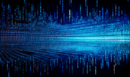 Dark blue cyber light abstract technology background for computer graphic website internet and business, illustration. Infographics. Digital transformation concept. Binary code and arrow symbols.の素材