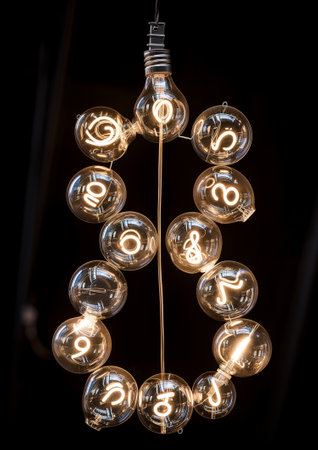 Womens day concept. A retro-styled light bulb number 8 made of glass. The number is lit by small light bulbs and on a background with copy space.の素材