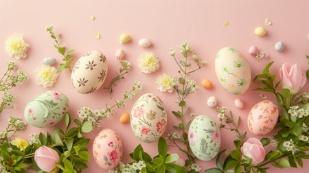 Beautifully decorated easter eggs with a delicate floral pattern, arranged on a soft, pastel-colored background, evoking the feeling of springtime elegance.の素材