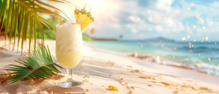 Pina colada cocktail on a tropical paradise beach with golden sand, turquoise sea, and lush palm trees under a clear blue sky, offering a refreshing summer vibe and copy space for text or design.の素材