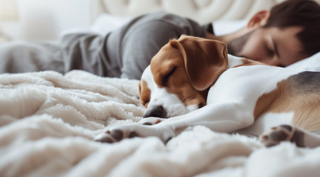 A content beagle dog peacefully naps on a neat white bed, nestled under a soft blanket with owner. The tranquil scene exudes comfort and warmth, creating a serene and heartwarming image.の素材