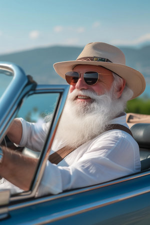 Happy bearded man senior enjoying a luxury cabrio adventure on a summer road trip in Italy. The man is smiling and enjoying the beautiful sunny weather as he drives through scenic Italian countryside.の素材