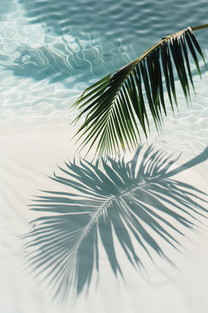 A serene summer vacation scene with a tropical palm leaf shadow cast on the white sandy beach, creating an abstract pattern on the calm water surface, perfect for travel and holiday concepts.の素材