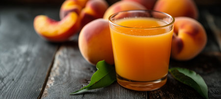 A refreshing glass of freshly squeezed peach juice served with ripe peaches on the side, perfect for a hot summer day. Copy space available for text or design elements.の素材