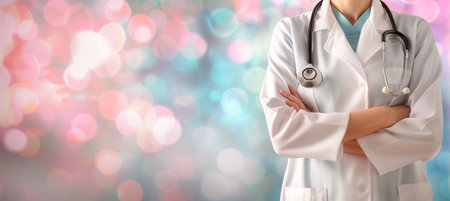 Portrait of a female doctor wearing a stethoscope in a hospital. The background is bright and magical with a blurred effect, creating a warm and comforting atmosphereの素材