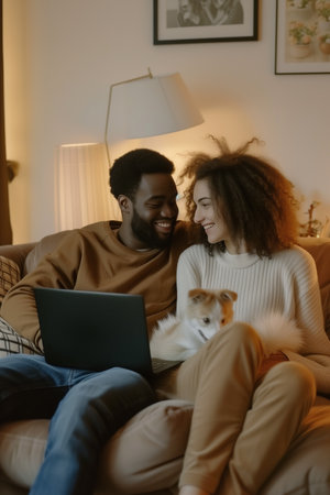 A multiracial couple sitting on a comfortable sofa at home, smiling and happily using a laptop while sharing quality time together in their cozy living room environment.の素材