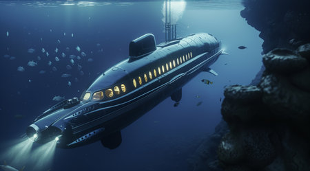 A majestic, luxurious private submarine explores the deep ocean with stunning, colorful fish swimming alongside, showcasing the allure and beauty of underwater exploration and marine life.の素材