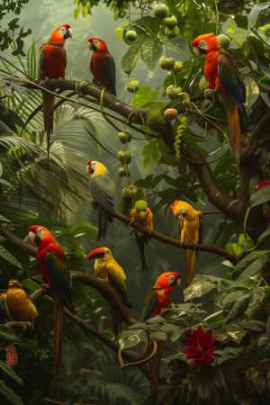 A mesmerizing scene of vibrant and majestic exotic birds perched on lush tropical tree branches, showing the beauty of nature in a captivating manner.の素材