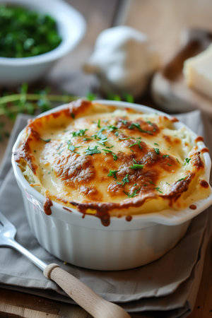 A delectable oven-baked potato with golden-brown skin, topped with a generous serving of gooey melted cheese, presented on a pristine white ceramic dish.の素材