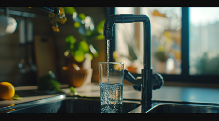 Clear, fresh water flowing from a modern stainless steel kitchen tap into a transparent glass, with copy space available. Clean and refreshing concept.の素材