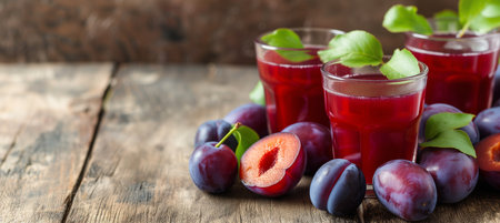 A glass of freshly squeezed plum juice, complemented by ripe plums and ample copy space. The image is ideal for promoting healthy beverages and summer refreshments.の素材