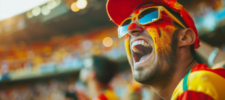 Excited spanish fan with face paint wearing the national colors, cheering at a sports event with a blurry stadium background, showing passion and support for the team.の素材