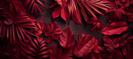 Vibrant dark red tropical leaves are meticulously arranged to form a textured background with plenty of copy space. The flat lay composition adds a stylish touch to any design project.の素材