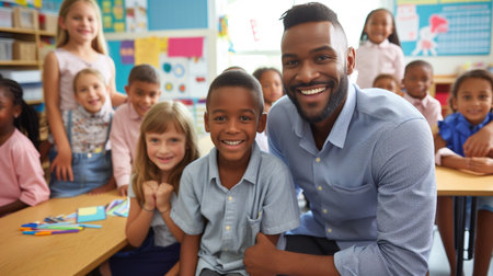 Enthusiastic male teacher engages with his elementary school students in a colorful and vibrant classroom setting, promoting active learning and participation.の素材