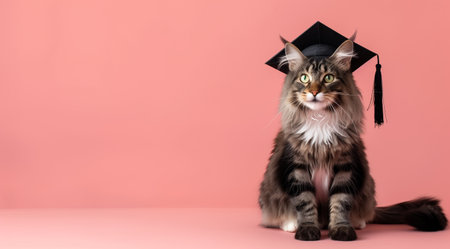 An adorable fluffy cat proudly wearing a graduation cap, symbolizing academic achievement and success, poses against a delightful pastel background, perfect for graduation-themed designs and cards.の素材