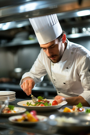 Skilled chef in a bustling restaurant kitchen expertly prepares mouthwatering dishes to fulfill numerous orders, showing the artistry and dedication of culinary professionals.の素材