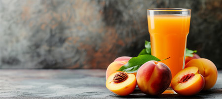 A refreshing glass of freshly squeezed peach juice served with ripe peaches on the side, perfect for a hot summer day. Copy space available for text or design elements.の素材