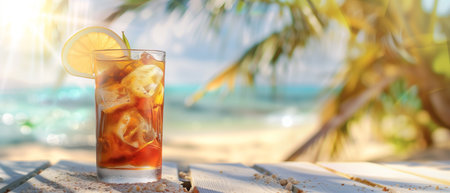 Refreshing long island iced tea cocktail served in a tropical beach setting with sandy shores and clear blue waters, perfect for summer vacation concepts. Copy space available.の素材