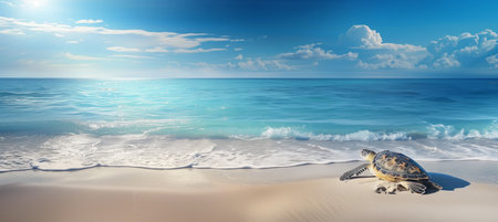 A tranquil sea turtle is peacefully resting on a sandy beach, with a mesmerizingly deep blue ocean in the background. The serene scene captures the beauty and calm of the natural world.の素材