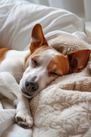 An adorable brown and white dog sleeps peacefully on a comfortable white bed with a soft blanket, creating a heartwarming and tranquil scene of relaxation.の素材