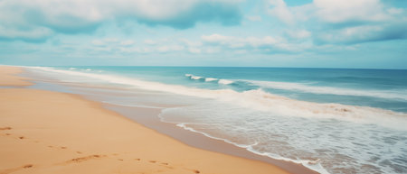 Beautiful tropical beach with blue sky and white clouds texture background. Nature landscape view of beach and sea in sunny day. Copy space of summer vacation and holiday business travel concept.の素材