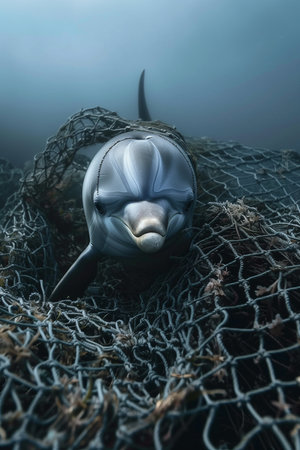 A beautiful dolphin trapped in a fishing net, a poignant reflection of the devastating impact of human activities on underwater life and marine ecosystems.の素材