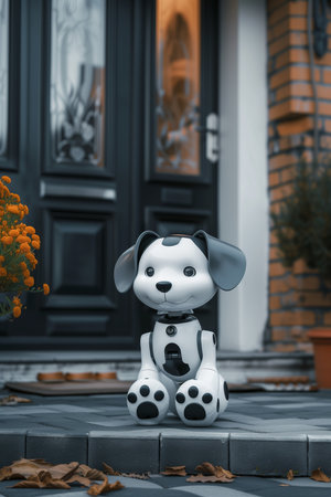An domestic adorable robotic puppy stands at the home entrance, welcoming guests. This image represents the concept of a smart and modern robotic animal companion.の素材