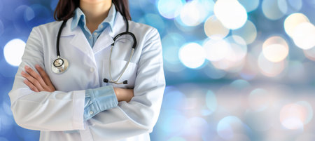 Portrait of a female doctor wearing a stethoscope in a hospital. The background is bright and magical with a blurred effect, creating a warm and comforting atmosphereの素材