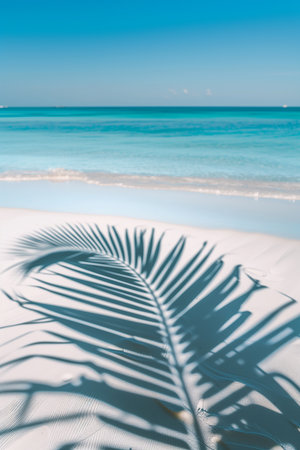 A serene summer vacation scene with a tropical palm leaf shadow cast on the white sandy beach, creating an abstract pattern on the calm water surface, perfect for travel and holiday concepts.の素材