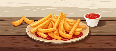 A mouth-watering image of crispy fries with a side of savory sauce, served on a classic cardboard plate. The appetizing fast food looks absolutely delicious and sizzling.の素材