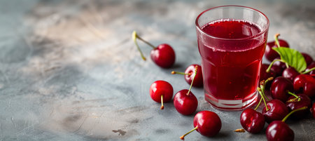 A refreshing glass of freshly squeezed cherry juice with ripe cherries next to it, creating a vibrant and inviting image with copy space for text or design elements.の素材