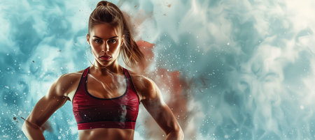 A focused and determined female athlete wearing sportswear showcases her strength and agility while demonstrating fitness and gymnastics exercises with power and grace.の素材