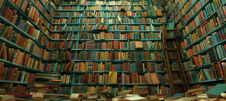 This vibrant image captures a full frame of bookshelves filled with intellectual knowledge. The books exude a sense of wisdom and intelligence, creating a captivating and inspiring scene.の素材