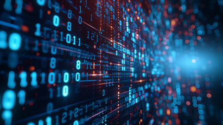 Dark blue cyber light abstract technology background for computer graphic website internet and business, illustration. Infographics. Digital transformation concept. Binary code and arrow symbols.の素材