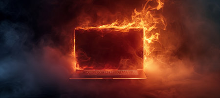 A dramatic and realistic image of a laptop engulfed in flames and smoke, set against a dark background. The focus is on the billowing smoke and the intense fire, creating a dramatic and intense scene.の素材