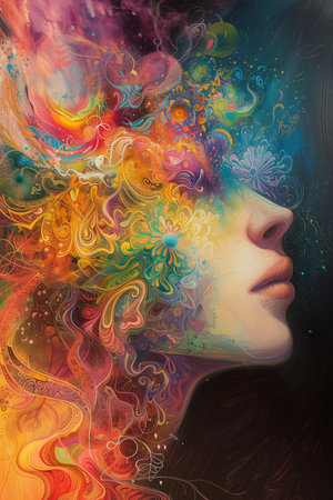 Woman with ethereal expression on her face, adorned with vibrant patterns that seamlessly merge with her natural features. Portraying One Womans Multifaceted Inner World and Vibrant Spectrum of Mind.の素材