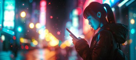 A vibrant city night scene with a woman engrossed in a mobile app, surrounded by dazzling street lights. The image also features ample copy space for text or graphics.の素材