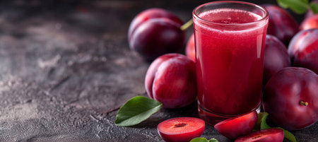 A glass of freshly squeezed plum juice, complemented by ripe plums and ample copy space. The image is ideal for promoting healthy beverages and summer refreshments.の素材