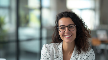 A happy and confident businesswoman is shown in a modern office meeting space, with blurred glass walls providing an elegant background. The image offers ample copy space for adding text or graphics.の素材