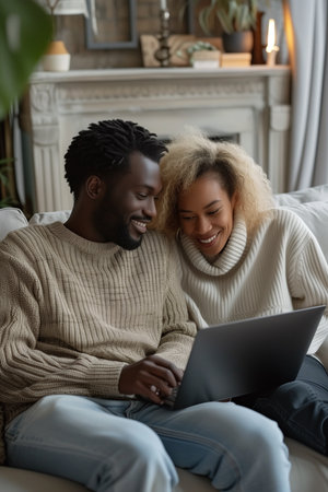 A multiracial couple sitting on a comfortable sofa at home, smiling and happily using a laptop while sharing quality time together in their cozy living room environment.の素材