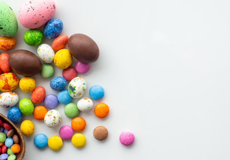Sweet Easter concept. Colorful and chocolate easter eggs with sweet dragee on white background with copy space. Design for a greeting card for the Easter holiday. Flat lay. Preparation for holiday.の写真素材